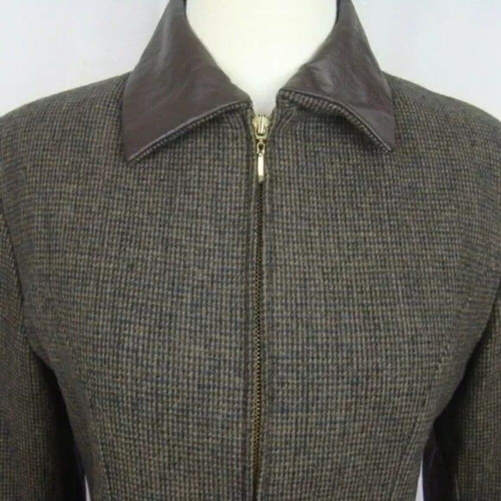 Braebrook Women's Size 4 Wool Jacket Brown Check Leather Trim Zip Up NWT